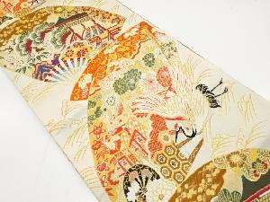 アンティーク　扇面に屋敷・御所車・鶴模様織り出し丸帯帯側（材料）